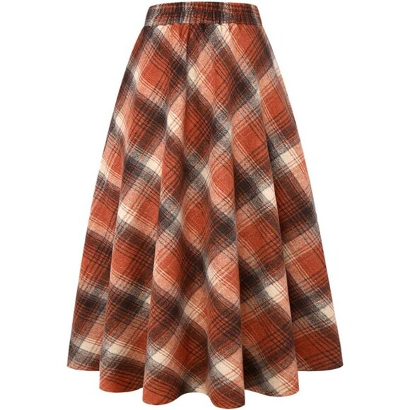Womens Long OrangeNew Elastic Waist A-Line Pleated Tartan Long Plaid Wool Skirts - Picture 2 of 6